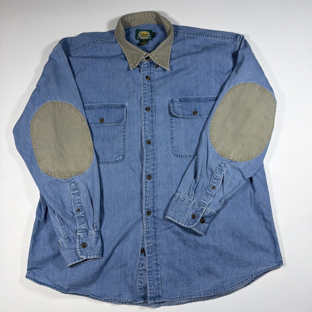 Cabela's Denim Button Work Shooting Shirt Elbow Patch Cotton Jean Mens Size XL